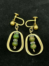 Marked 14k Gold Clip On Earrings With Green Ball Accents