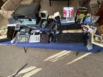 Table Lot Of Vintage Electronics: Sony Radios, Casio Calculators, JVC CD Changer, Some New Items Too