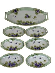 7 Nippon Hand Painted, Gold Gilded Edge Oval Floral Tray Set