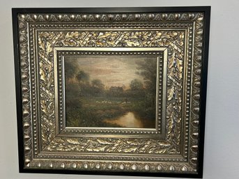 Oil On Canvass Painting - Sheep In Silver Gilt Frame