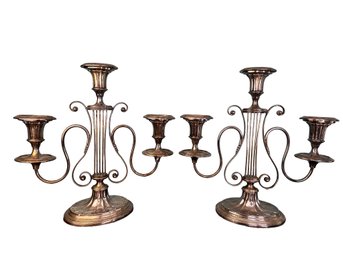 Antique Lyre Style Silver Plated Candle Stick Candelabras
