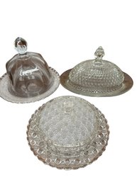 Collection Of 3 Crystal & Glass Domed Cheese/butter Plates