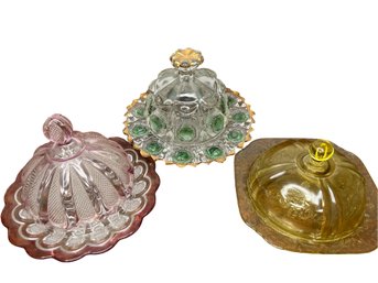 Collection Of 3 Crystal & Glass Colored Domed Cheese/butter Plates