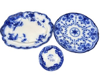 Collection Of 3 Semi Porcelain Flow Blue Plates: Conway & Cambridge