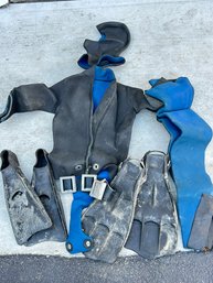 Vintage US Divers Aqua Lung Wet Suit, Weights, Mask & 2 Sets Of Flippers