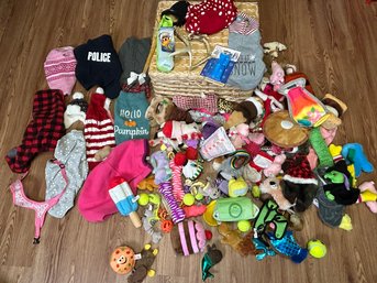 HUGE Lot Of Small Dog Toys, Clothing, Grooming Supplies And Covered Basket