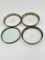 Vintage Sterling Silver Fretted Edge Set Of 4 Crystal Drink Coasters