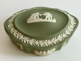 Vintage Wedgewood Sage Green Jasperware Oval Lidded Trinket Box With Cherubs