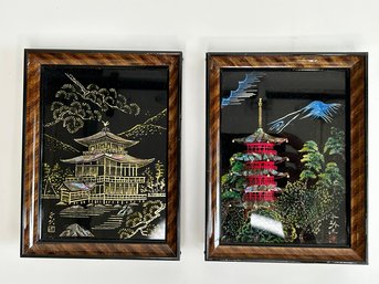 Vintage Japanese Foil & Mother Of Pearl Framed Temple Framed Art