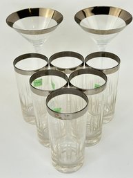 Silver Rimed Martine & Hi-Ball Glasses Set Of 8