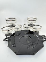 Mid Century Modern Silver Rimed Champagne / Sherbet Glasses And Black Platter