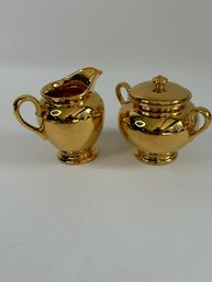 Hand Painted 22k Gold Finish Milk And Sugar Bowl And Saucer