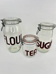 Vintage Glass Flour, Sugar & Tea Lidded Canisters