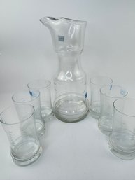 Ship Etched Water Pitcher And 6 Matching Etched Glasses