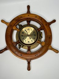 Vintage Royal Mariner Brass And Wood Wall Hanging Ship Wheel Clock