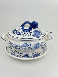 Vintage Blue Onion Gravy Bowl, Plate And Ladle