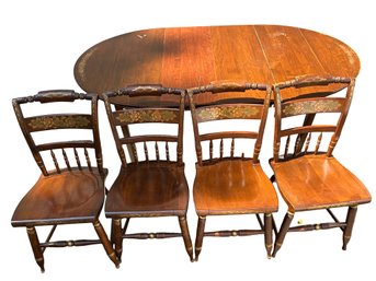 Vintage L. Hitchcock Stenciled Harvest Pattern Drop Leaf Table With 4 Matching Chairs & 2 Leaf Inserts