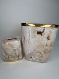 22k Gold Plated Marbled Bathroom Waste Basket & Matching Tissue Box Holder