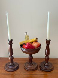 3 Piece B Altman Wood Candle Stick Holders & Decorative Bowl With Paper Mache Fruit