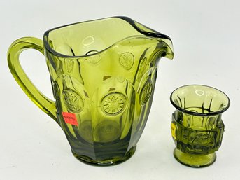 Matching Green Federal Style Glass Vase & Water Pitcher