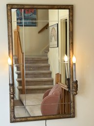 Large Ornate Beveled Glass Wall Mirror With 2 Candelabra Sconces