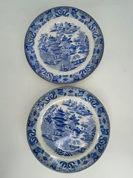 Antique  Flow Blue Copelands China, England Chinoiserie Style Plate Set Of 2