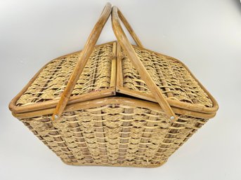 Vintage Woven Wicker Picnic Basket With Lined Interior