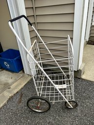 Vintage 4 Wheel Rolling White Metal Folding Shopping Cart