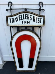 Antique Magnet Ale Beer Travelers Rest Inn, Double Sided Porcelain Sign With Bracket