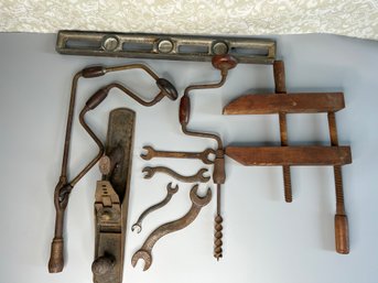 Antique Collection Of Hand Tools, Drills, Wrenches, Clamp & Level