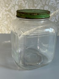 Antique Ribbed General Country Store Glass Jar With Green Lid