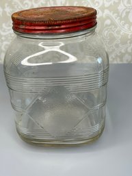 Antique Ribbed General Country Store Glass Jar With Red Lid