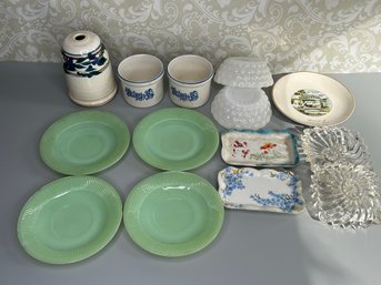 Collection Of Mixed Kitchen Milk Glass, Ceramic, Jadeite Dishes, MCM Ashtrays