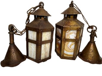 Hammered Copper & Slag Glass Hanging Lanterns