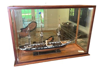 Vintage Model Of Civil War Sloop-Of-War Steamer USS Hartford (1858) In Glass Display Case