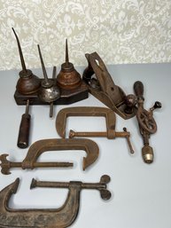 Antique Tool Lot #2 Adjustable Clamp, Sargent Wood Plane, Hand Drill, Metal Clamps, Oil Cans