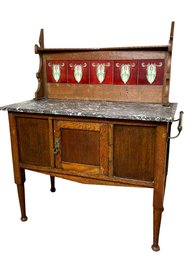 Antique Edwardian Server Wash Stand, Marble Top Art Nouveau Tile Backsplash