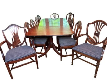Georgian Banded Mahogany Double Pedestal Dining Table With 12 Federal Shield Back Chairs & 3 Leaves
