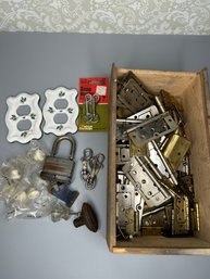 Hardware Lot: Box Of Door Hinges, Lock, Light Switch Covers, Snap Hooks, Door/Drawer Pulls