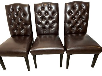 3 Brown Leather Bonded Tufted Dining Chairs