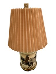 Vintage Ceramic Table Lamp Of War Horses By Artist Han Gan With Extra Large Silk Accordion Pleated Shade