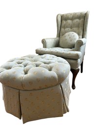 19th Century Antique Wingback  Custom Upholstered Arm Chair & Matching  Ottoman