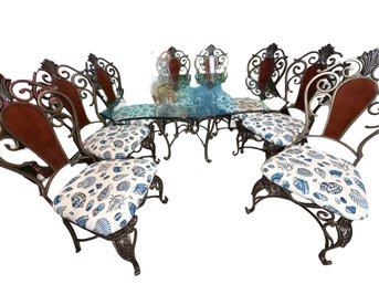 Beveled Edge Glass & Iron Dining Table With 8 Sea Shell Themed Cushions