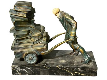 JB Hirsch Foundry Man Pushing Barrow Of Books Marble, Bronze, Celluloid