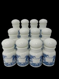 Collection Of 12 Delf Blue Belgium Milk Glass Spice / Apothecary Jars