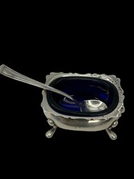 Fisher Sterling Silver Footed Salt Cellar With Sterling Spoon & Cobalt Blue Glass Insert