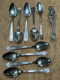 Vintage Collection Of 9 Demitasse Silver Plate Spoons And Antiko 100 Sugar Cube Tong