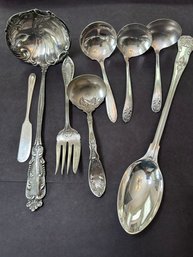 Mixed Collection Of Melody, Rogers & Unmarked Silverplate Serving Ladles, Fork & Spoon