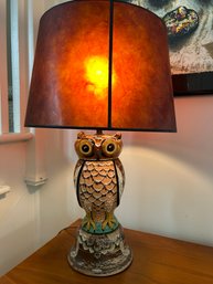 Vintage Hand Painted Wood And Ceramic Owl Table Lamp With Faux Leather Shade