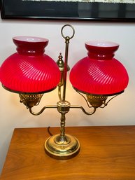Double Arm Student Lamp With Red Milk Glass Hurricane Style Shades